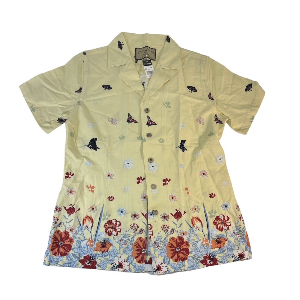 Vintage Women's Bit & Bridle Yellow Button Up Shirt Size Small Floral Butterfly
